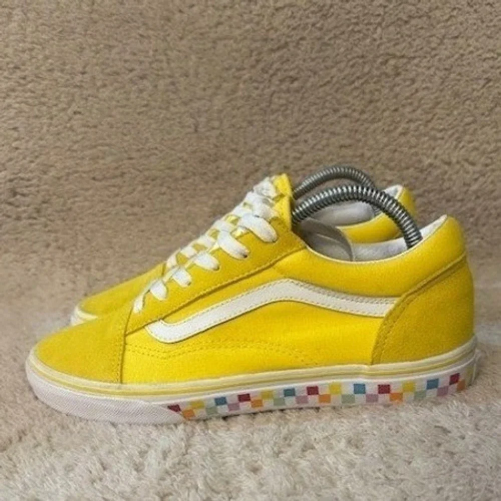 Vans Old Skool Kids Yellow Rainbow Checkerboard Suede Canvas Sneakers Size 7Y